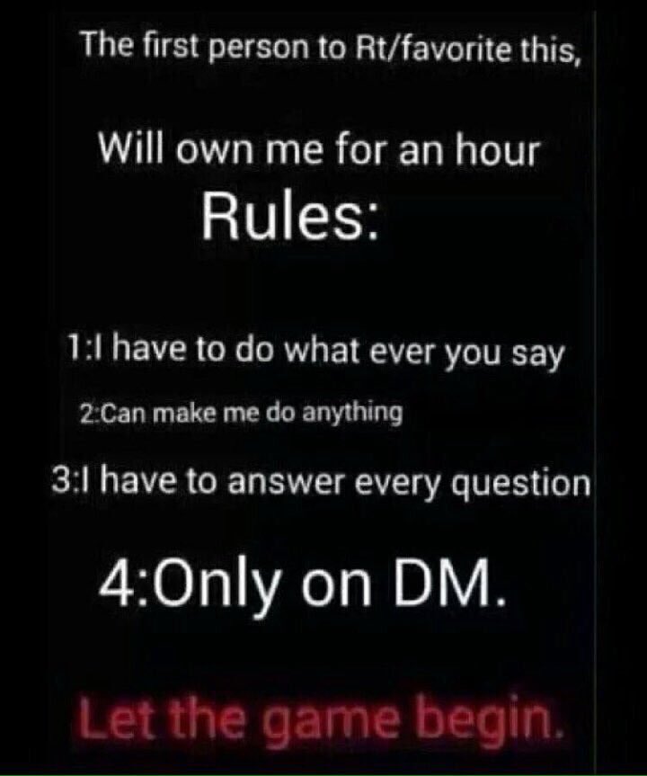 This is your chance. Though, I'm changing the rule. First FIVE people to rt/favorite owns me for an hour.