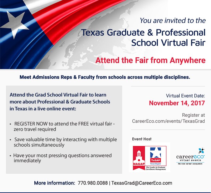 TWUAdmissions's tweet photo. Students: considering Texas for grad school? Sign up: https://t.co/oZ1Uc1H4D1