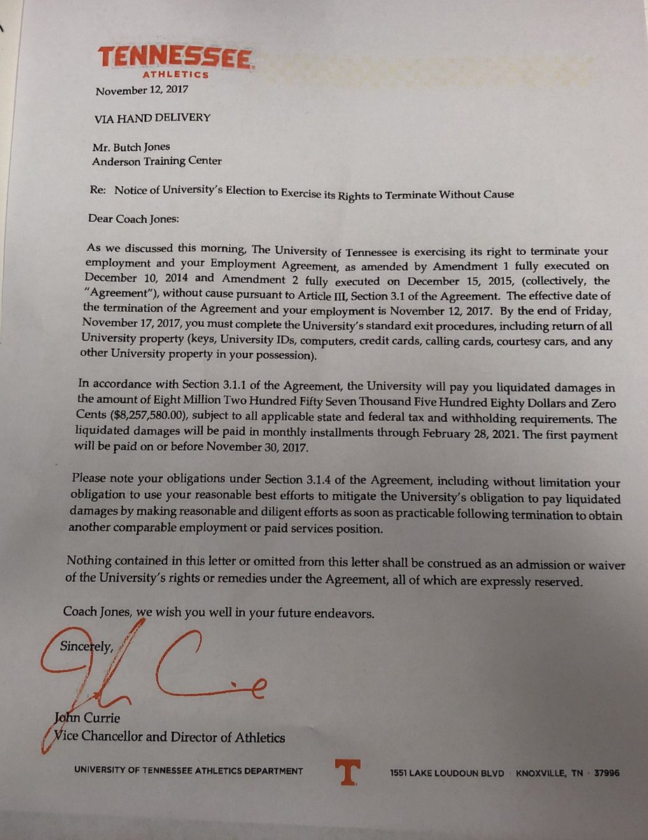 will_boling's tweet photo. John Currie’s letter to Butch Jones this morning describing the details of his termination. https://t.co/czmfix6IRl