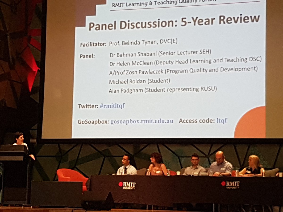 leishliz's tweet photo. #rmitltqf
Panel Discussion: 5-Year Review.
Facilitation by @minbrt (Prof Belinda Tynan, DVC(E) https://t.co/j20uxmMKcW