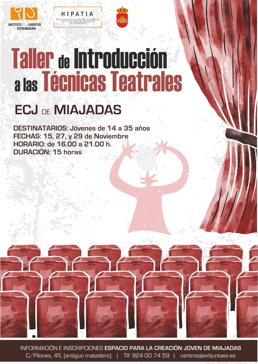 IJExtremadura's tweet photo. Dos oportunidades para aprender técnicas teatrales. Una en el ECJ de Miajadas y otra en nuestra @FJ_Merida #Hipatia2017 @juvmiajadas https://t.co/30e7lpY8Qp