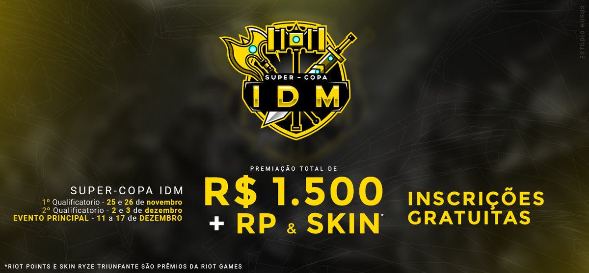 idmandre's tweet photo. Bem vindos a Super Copa IDM de League of Legends 
INSCRIÇÕES GRATUITAS e Premiação de 1500 reais + RPS e Skins
RT dos amigos 

https://t.co/W3JCaDEYlK https://t.co/FfnQnpUtGI