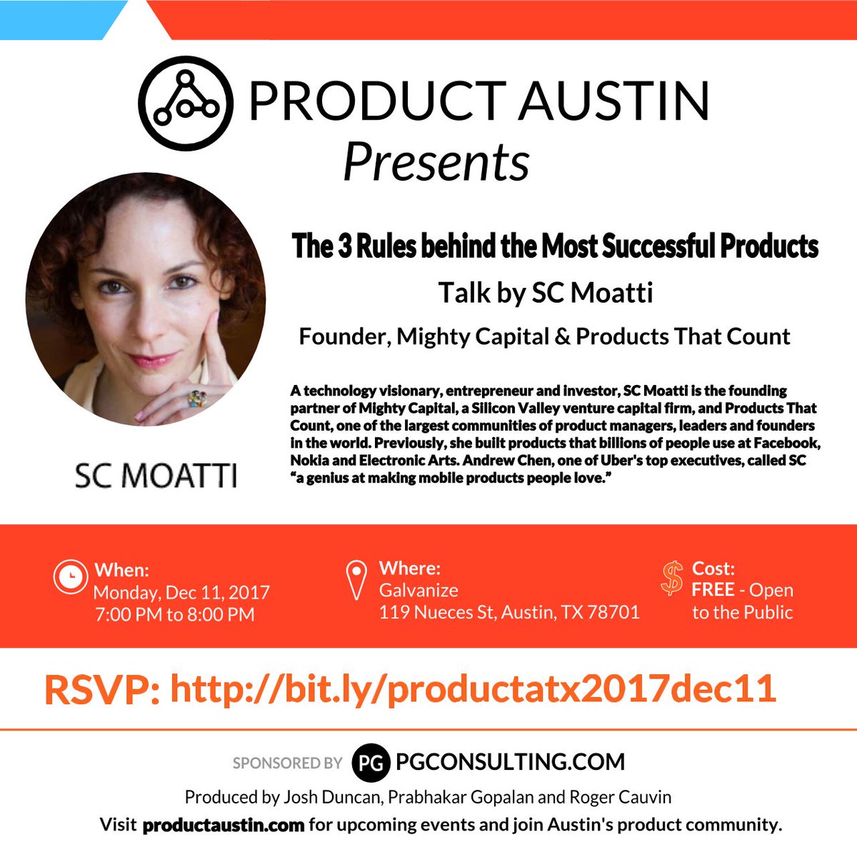 Our next event, "The 3 Rules behind the Most Successful Products", features <a href="/scmoatti/">SC Moatti</a>, a visionary, entrepreneur, investor, and former Facebook executive.

RSVP now for this Mon Dec 11 event: bit.ly/productatx2017…

#prodmgmt #growth