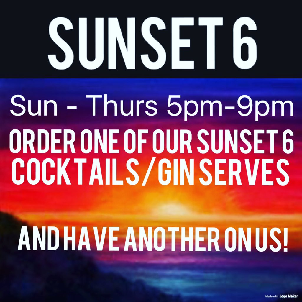 barbod3ga's tweet photo. It's Sunday which means our #sunset6 is back on....enjoy one of our sunset 6 Cocktails/Gin Serves and get another on us 🙌🏼 https://t.co/GzZWHwJAck