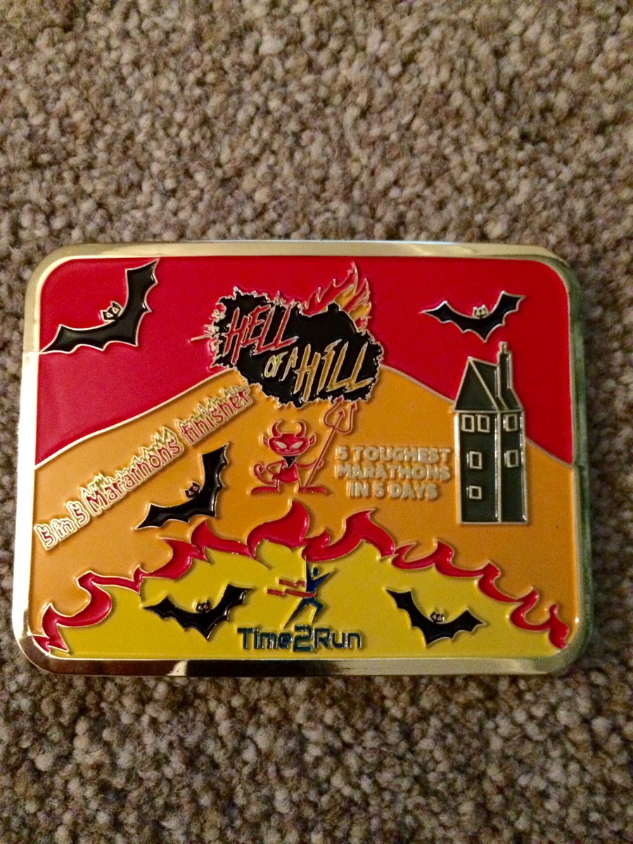 sibigironman's tweet photo. Finished & a complete set of medals along with the belt buckle for a 5 in5 finisher. #hellofahill #5in5 #marathons #finisher #tough https://t.co/CC0kzz1zev