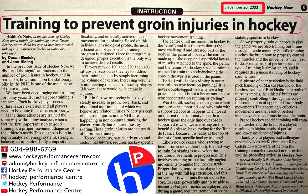 HPCNorthVan's tweet photo. DUSAN BENICKY (Founder of Hockey Performance Centre) First pointed out the bike negative effect on skating. 

Article: Training to prevent groin injuries in hockey. 
! DECEMBER 20, 2003 !

! MORE INFORMATION COMING SOON ! https://t.co/vGOvHuz57O