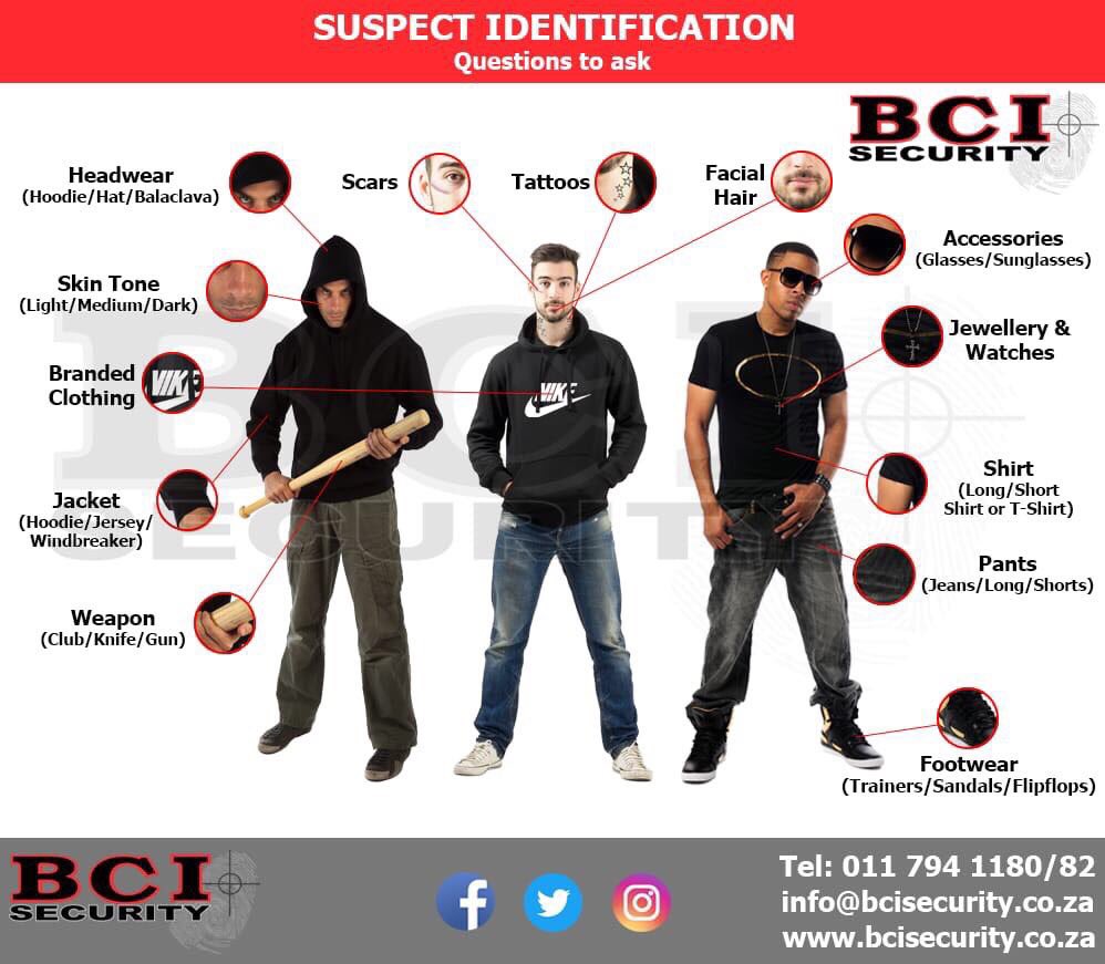 BCI_Security's tweet photo. Been a victim if crime? Do you remember what the suspect looked like? Here's some thing to try remember #bcisecurity https://t.co/5jiTOeC9mG
