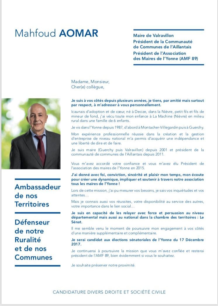 AomarMahfoud's tweet photo. Veuillez trouver ci-dessous la lettre que j'ai envoyé aux élus pour les informer de ma candidature aux sénatoriales ⤵ #Yonne https://t.co/NPh5CCnqUp