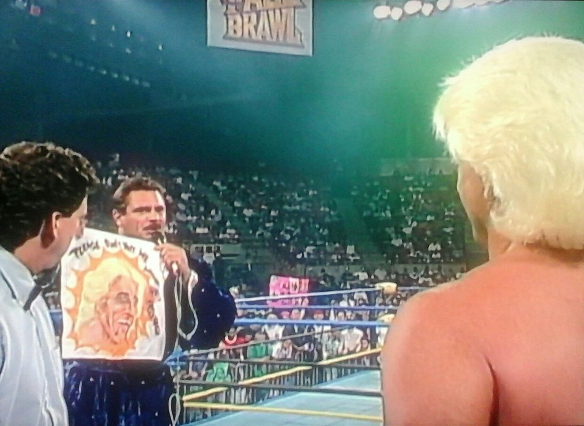Mundo840's tweet photo. Rick Rude mouths off to Flair and then shows off his new Fifi tights. They are spectacular!!! #FallBrawl93 https://t.co/pC782VuXEl