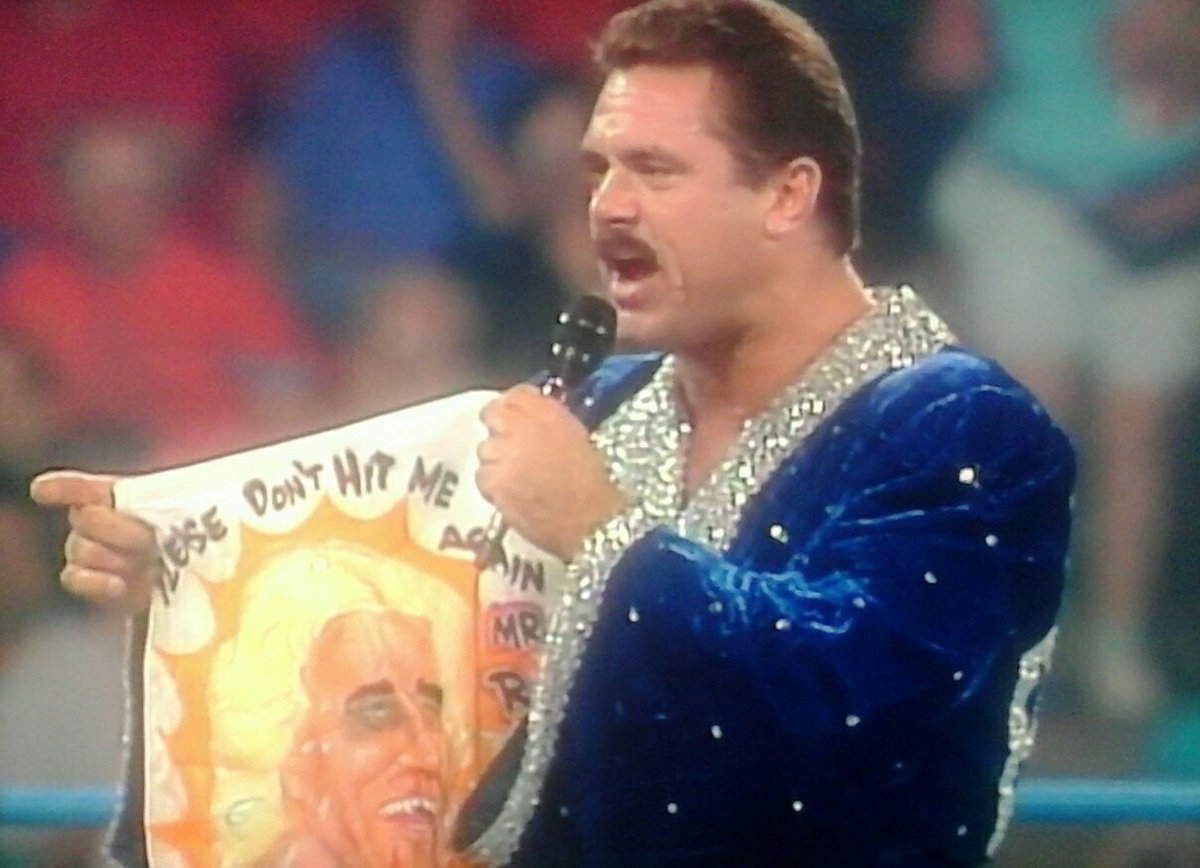 Mundo840's tweet photo. Rick Rude mouths off to Flair and then shows off his new Fifi tights. They are spectacular!!! #FallBrawl93 https://t.co/pC782VuXEl