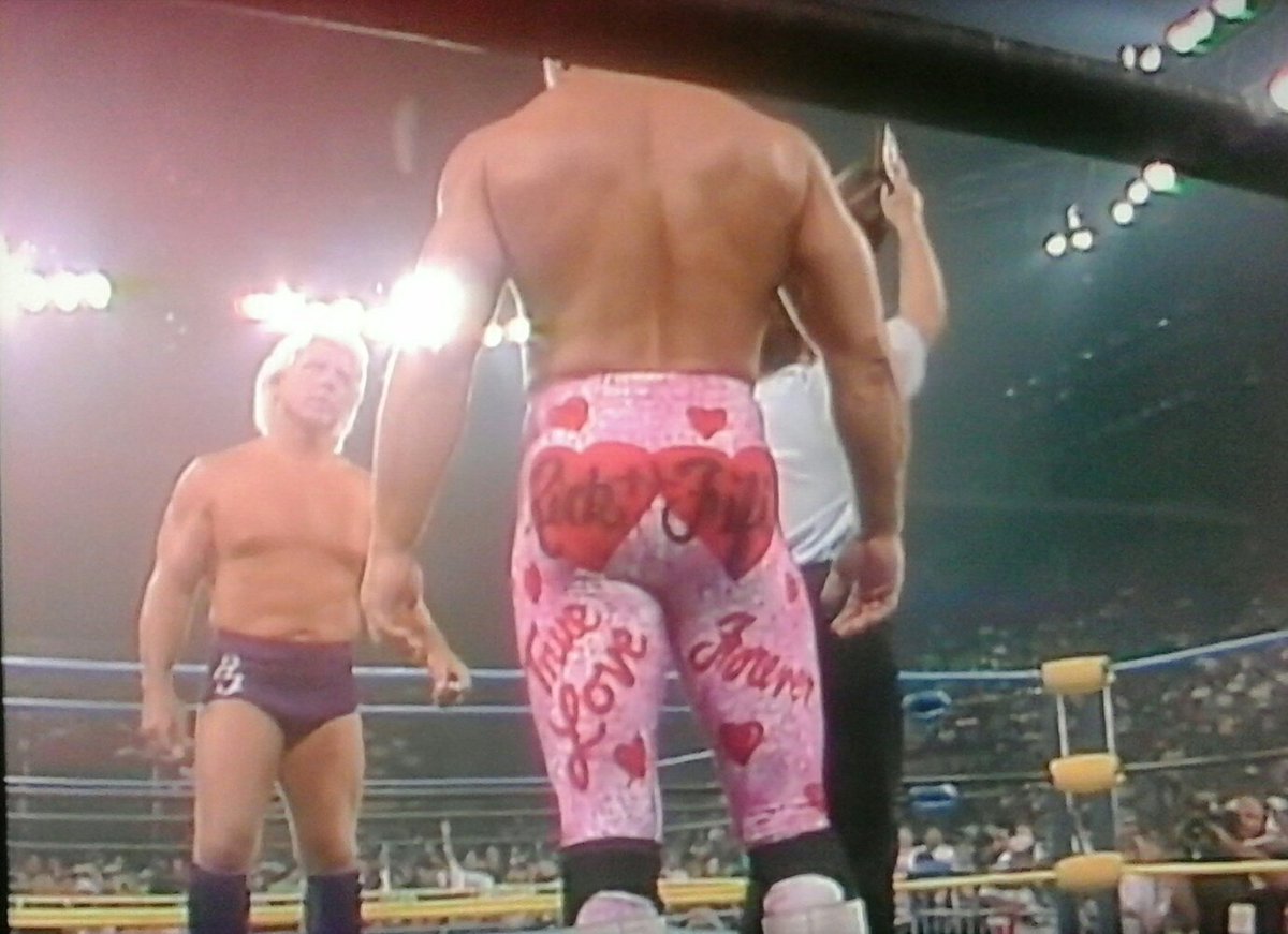 Mundo840's tweet photo. Rick Rude mouths off to Flair and then shows off his new Fifi tights. They are spectacular!!! #FallBrawl93 https://t.co/pC782VuXEl