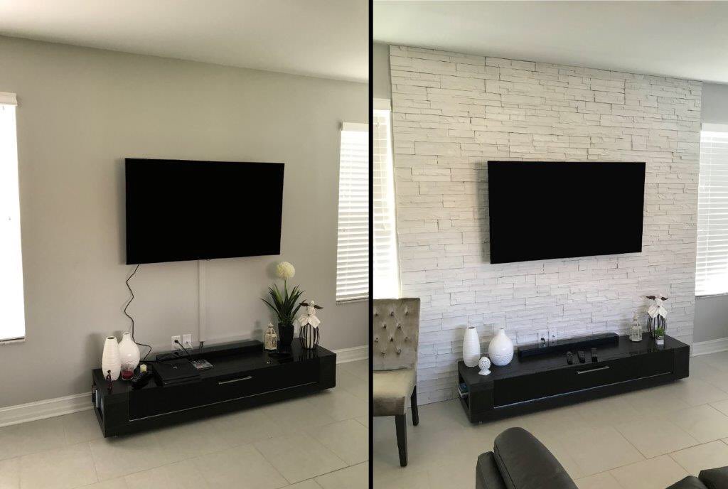 ceramictec's tweet photo. Before & After photo of the Wesley Chapel, Florida stone accent tv wall. Manufactured stone was Coronado “Pro-Ledge” White #stone #veneer #tampa #wesleychapel #coronado #proledge #ceramictec https://t.co/r4noX1nrB2