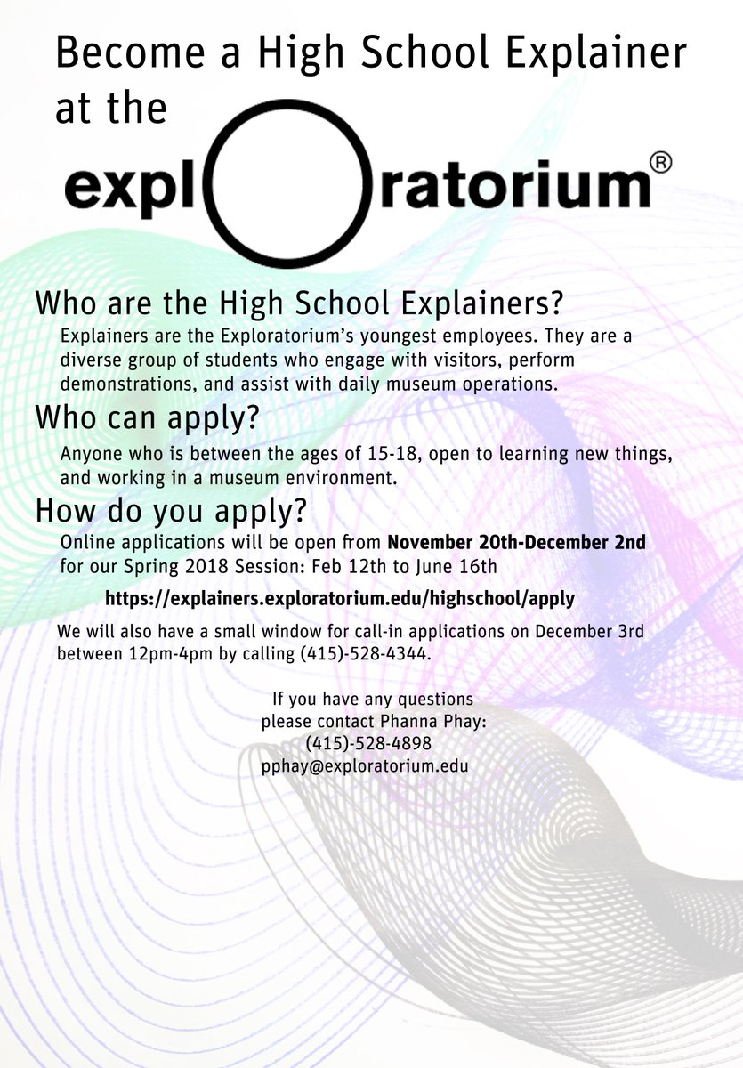 theexplainers's tweet image. Once again, WE&apos;RE HIRING!!! Tell your friends, your enemies, your neighbors, your strangers! Apply at exploratorium.edu/high-school-ex….