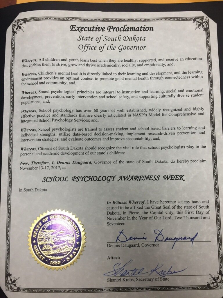 karioyen's tweet photo. Thank you @SDGovDaugaard for declaring this School Psychology Awareness Week in SD! @SDSchoolPsychs are honored to help students be more successful in school through assessment, diagnostics, and intervention! Thank a school psych this week and #SPAWPowerUp !!! #NASPadvocates https://t.co/Z9ofzPG4TY