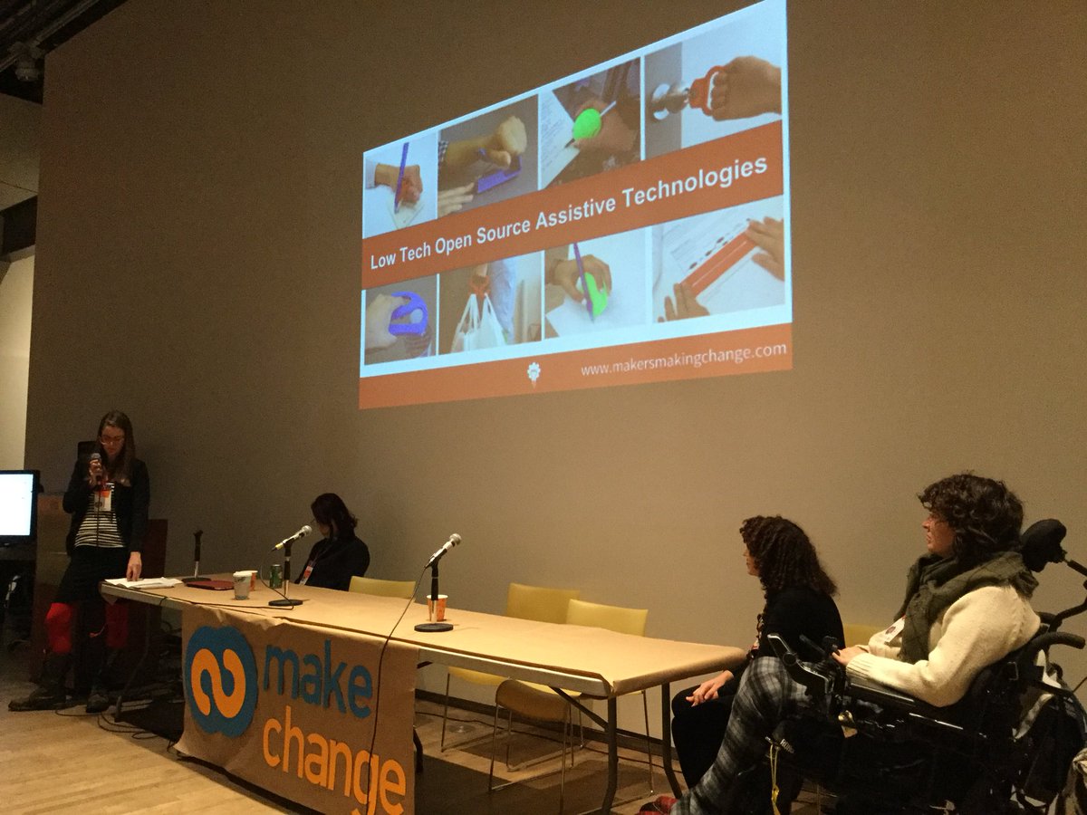Zee Kesler <a href="/MakerMakeChange/">Makers Making Change</a> introducing their #opensource assistive tech database at the Disability Panel #makechangeTO #TO #the6ix #Canada150 #3dprinting #enable