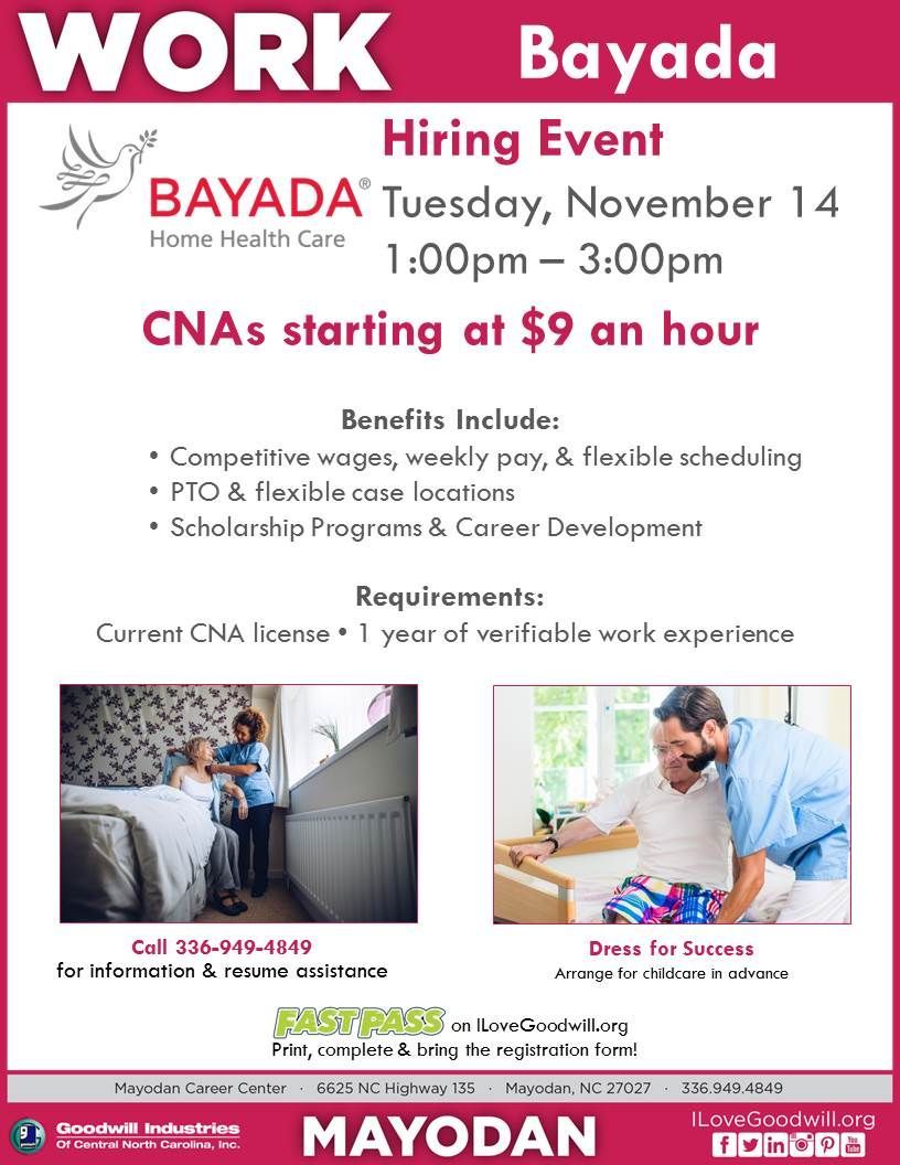 TriadGoodwill's tweet photo. Know a #CNA looking for work? Bayada Home Health Care is hiring this Tuesday at our #Mayodan #Career Center! Competitive pay & flexible scheduling! #GetHired #TriadGoodwill https://t.co/FepcRL9T0m https://t.co/oDqQrfp4ST