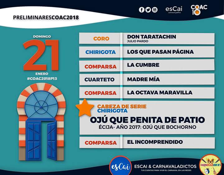 Carnavaladictos's tweet photo. Domingo 21 Enero
#Coac2018P13

@Coro_JulioPardo 
@ChirigotaLosPA 
@Comparsa41500 
@Chirigota_Ecija https://t.co/Jj3xJI9HJF