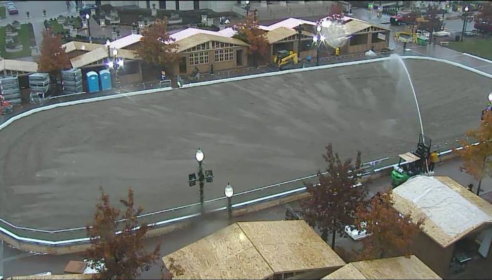 The Ice at Center Green ... taking shape and taking on its first batch of water (soon to be frozen)! And look at those Christkindlmarkt huts! We can't wait until Saturday!