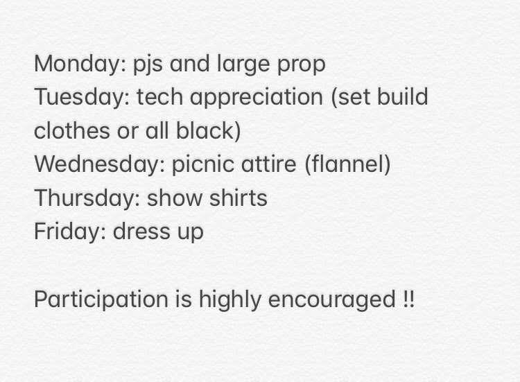 alright everybody ! opening week is upon us so that means SPIRIT WEEK !! here is the schedule so please participate and have fun !!