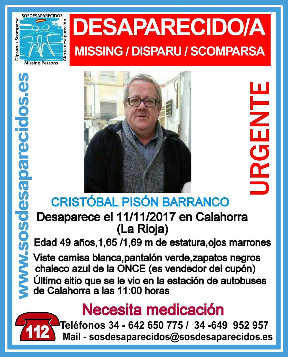 #Urgente
Este es Cristobal, vendedor del cupón de <a href="/ONCE_oficial/">ONCE</a>,  necesita medicación y ha #desaparecido en Calahorra #LaRioja
¿Lo has visto?
☎️062
☎️112
Tu RT no cuesta nada y ayudará mucho
