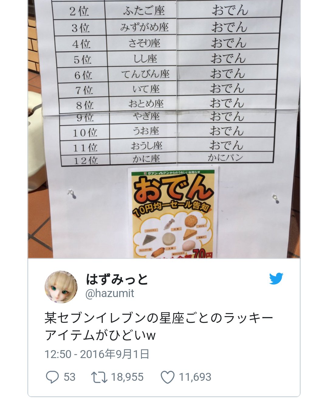 つぶやい太 緑のたぬきを誤発注したセブンイレブンが貼ってた星座占いの画像が面白いと話題になってますけど あのネタ 何番煎じか分からないくらい繰り返されてるネタですからね 知っててrtしてる人は少ないと思うので この事実も広めておいてください