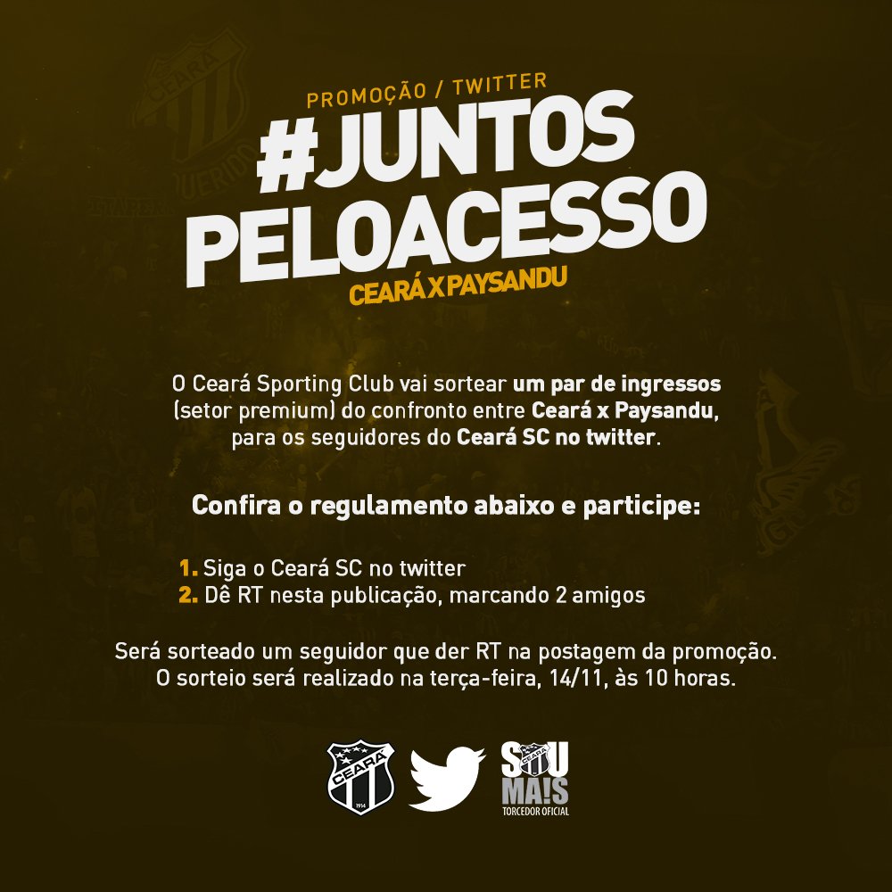 Concorra a um par de ingressos (setor premium) do confronto entre Ceará x Paysandu! Siga o <a href="/CearaSC/">Ceará Sporting Club</a>, Dê RT nesse post, marcando 2 amigos, e participe. Boa sorte! #Promoção #CearáXPaysandu #JuntosPeloAcesso