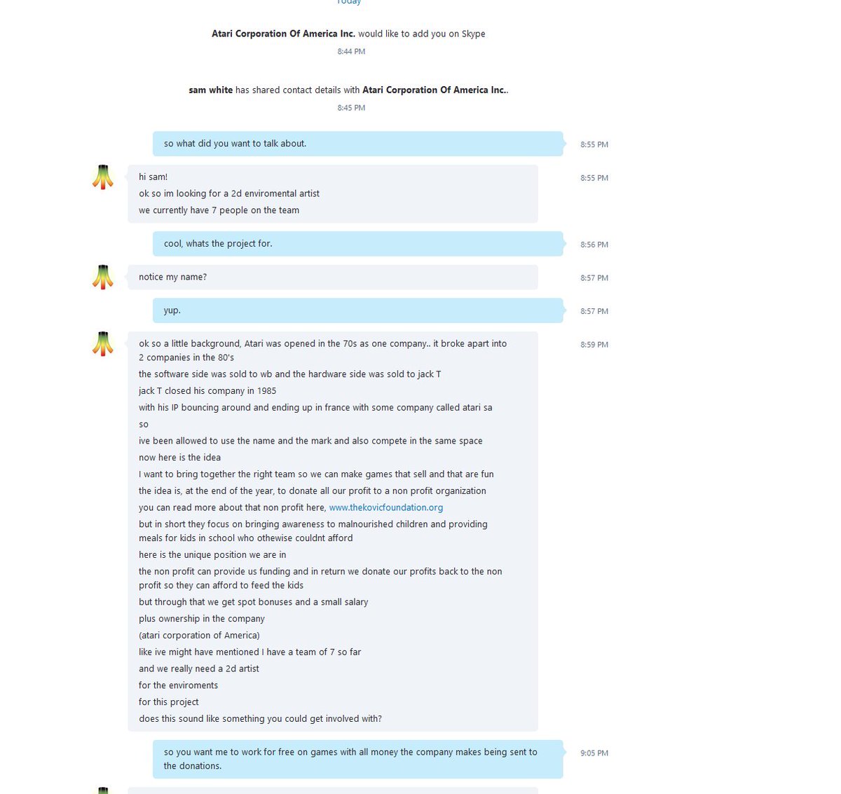 artbysamwhite's tweet photo. Just had a lovely talk with apparently @atari @forexposure_txt  contacted via reddit btw. account was 20 days old btw. https://t.co/33an5c5d9g