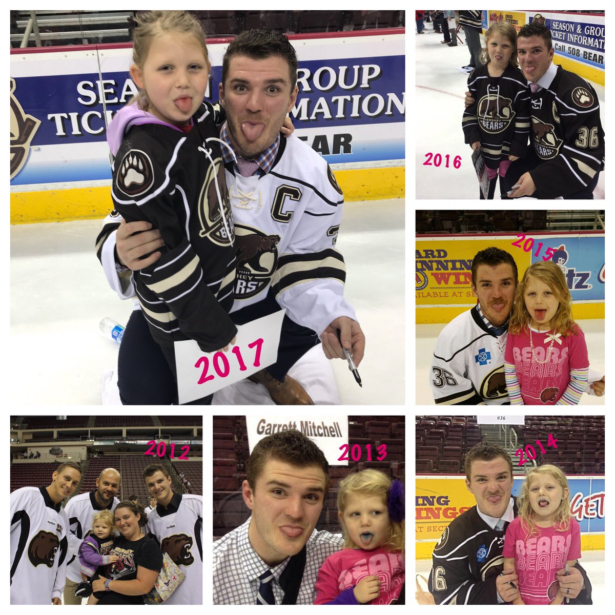 jbara144's tweet photo. @TheHersheyBears Seriously, @Mitchy1_0 is the BEST captain and amazing at remembering fans year after year. This is a tradition that started 6 years ago and our daughter looks forward to this photo every year! #hbhimlovinit #traditions #stickoutyourtongue https://t.co/ciN0YaXxbq