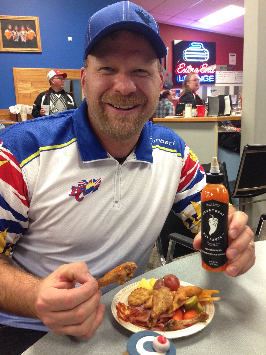 TeamNOntmxd's tweet photo. What a great start to the week.  Won our first game, skipper won the 50/50 draw and we introduced BC to #heartbeathotsauce #curling #TeamNorthernOntario #cmcc2018 https://t.co/txcTWn4q5p