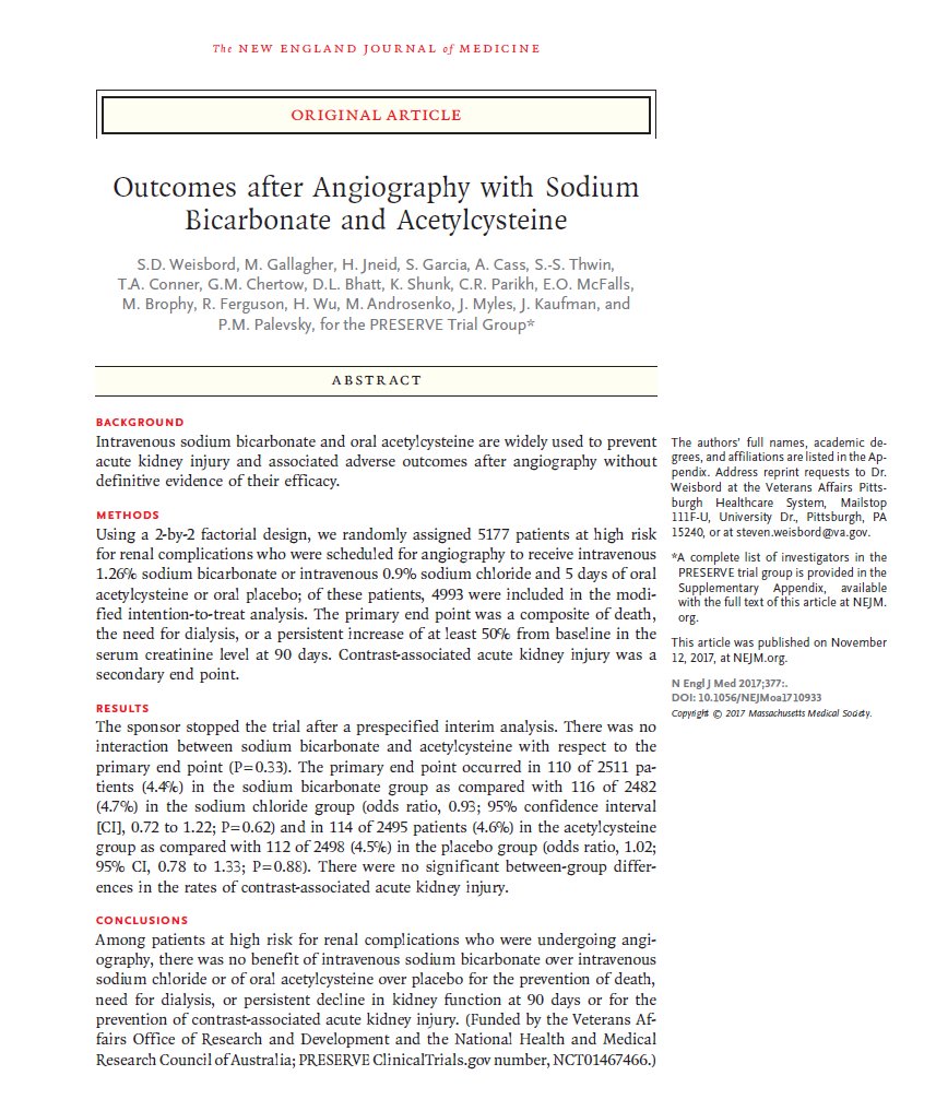 NEJM's tweet photo. Original Article: Outcomes after Angiography with Sodium Bicarbonate and Acetylcysteine (PRESERVE) https://t.co/4KRCQmtVER #AHA17 https://t.co/V77pNY5JDR