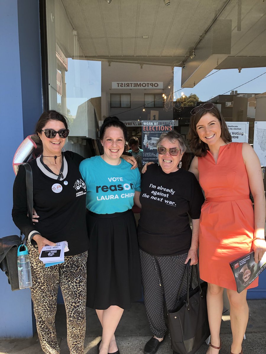 LauraChipp's tweet photo. Remember there is still time to vote before Sat at pre-poll in Fairfield. Check out this fab tshirt message from a lovely local. Picture also with Nina,Animal Justice and Clare, Labor candidates (who are also here) #reason #northcote #springst #peacenotwars ���� https://t.co/9oMSaPKHmN