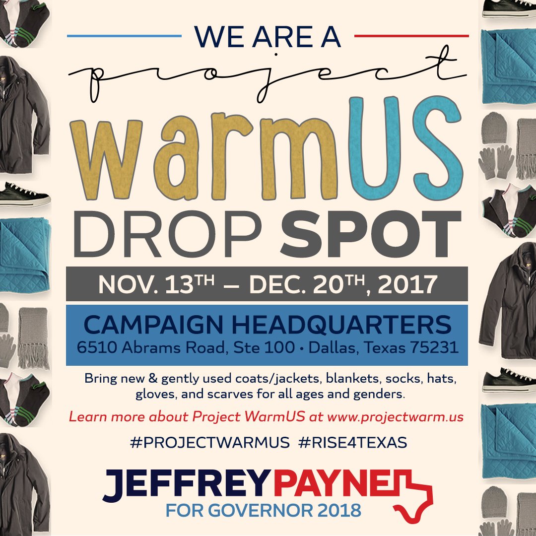 Jeffrey4Texas's tweet photo. Tomorrow begins our participation in the @projectwarmus  drive! Dallas area homeless are up 21% from last year &amp; with an expected increase from Hurricane Harvey victims. Details at https://t.co/DLkaaHnj4K. Donations accepted til Dec. 20 at our offices. #warm #homeless #dogood https://t.co/09zZVHC0YJ