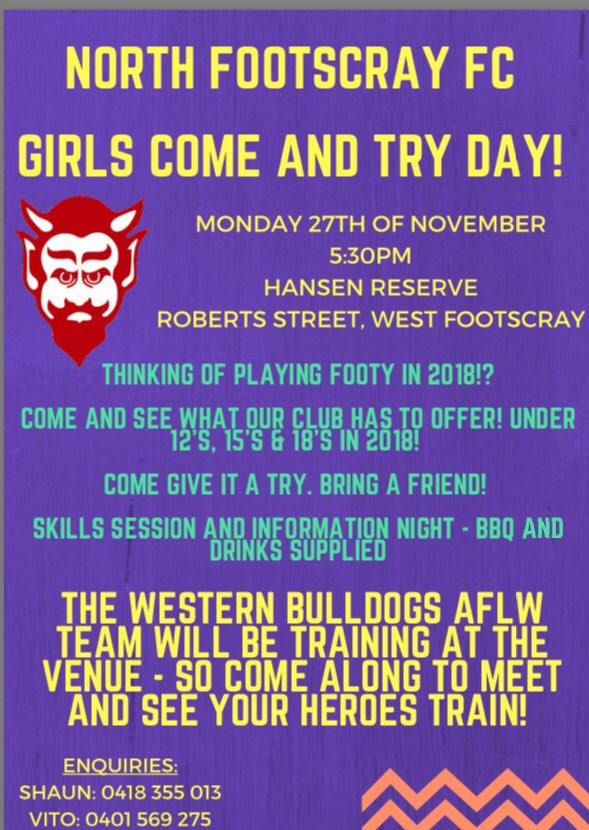 NthFootscrayFC's tweet photo. Junior girls footy is coming to @NthFootscrayFC Come &amp; try night 27/11 5.30pm Hansen Reserve. Watch the @BulldogsW girls train All welcome. https://t.co/HKzRnRA43U