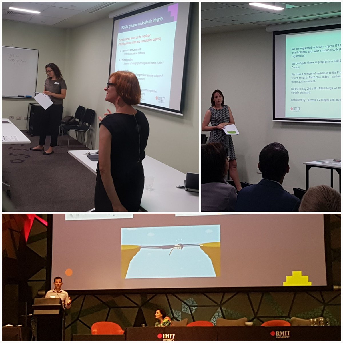 leishliz's tweet photo. Concurrent sessions at #rmitltqf.
Presenters at each of the three sessions, clockwise from top left: Penny and Kate; Ruth (Christina out of shot); Cameron and Leoni https://t.co/Rctgf5ZIWR