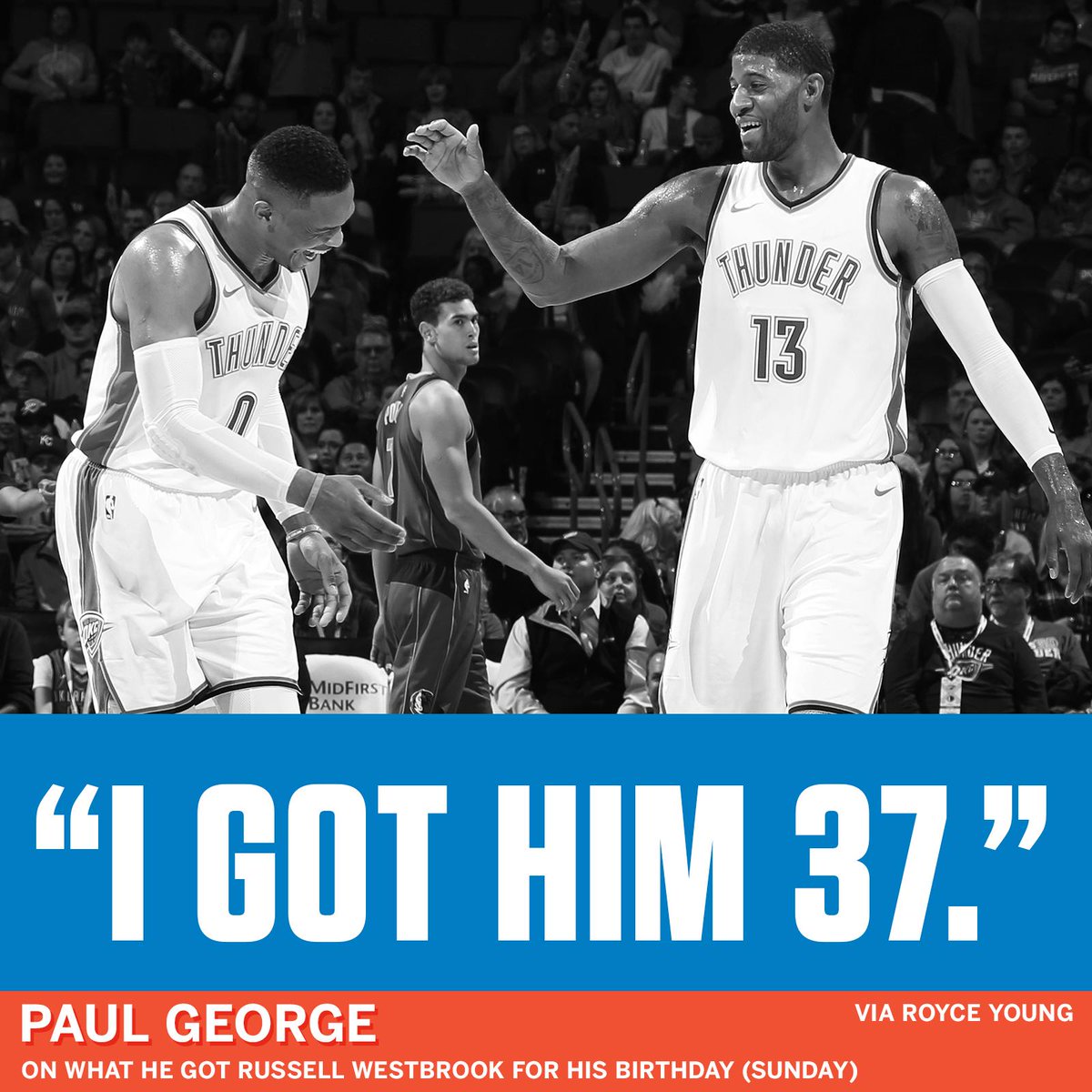 ESPNNBA's tweet photo. Paul George was asked if he got Russ anything for his 29th birthday: https://t.co/qCBwJxQVfk