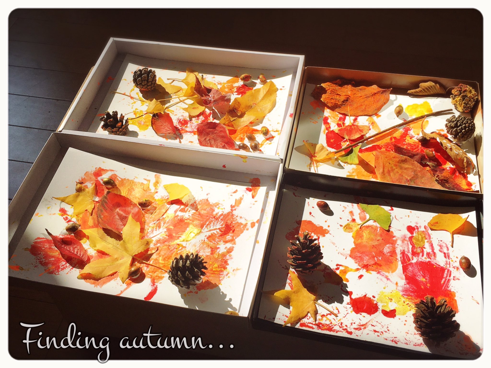 ますながりさ 小さい秋みいつけた 秋のお歌を歌いながら公園にお出かけして 赤や黄色 橙色に色付いた落ち葉 やどんぐり 松ぼっくりを拾いました どんぐりに絵の具を付けてコロコロ 落ち葉のスタンプをするとあら素敵 松ぼっくりと一緒にボンドで貼り