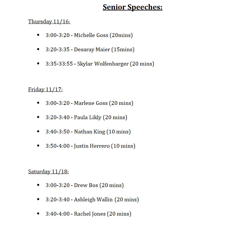 THEATREDEPT_LHS's tweet photo. Hey guys! Here is the list of senior speeches for this week!! https://t.co/ZEDkbu2NQg
