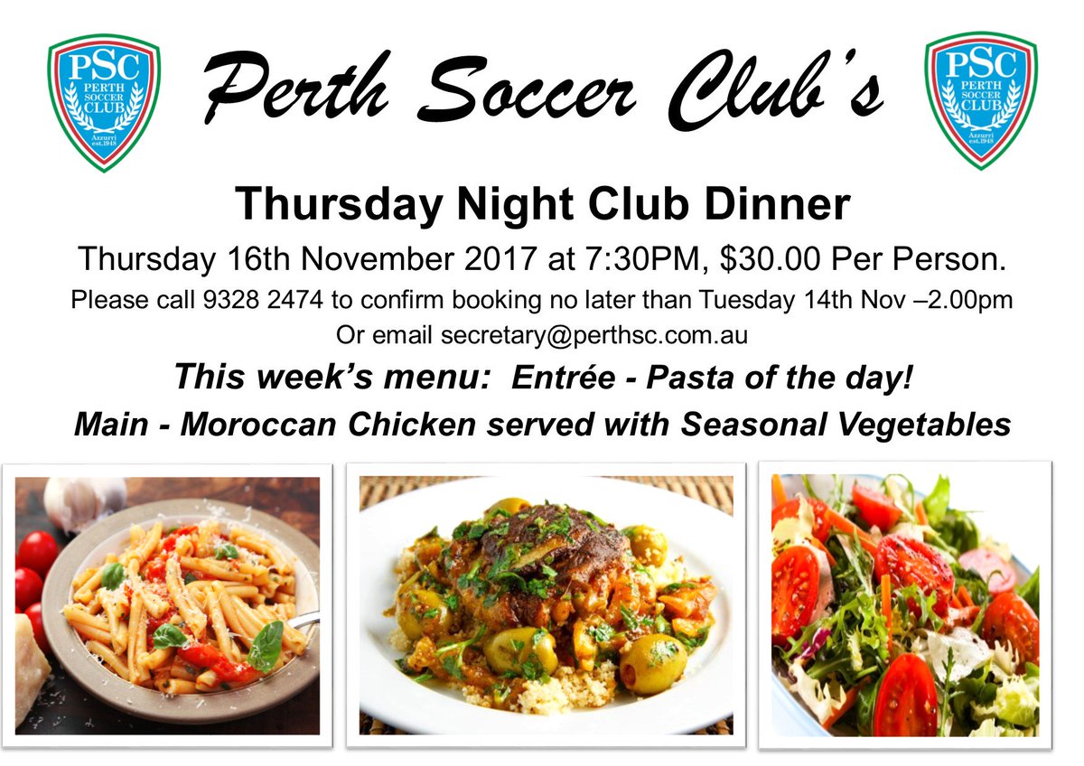 PerthSoccerClub's tweet photo. THURSDAY NIGHT CLUB DINNER: Join us for our club dinner on Thursday night, commencing at 7:30pm @DorrienGardens #perthsoccerclub https://t.co/zmn69wcbjO
