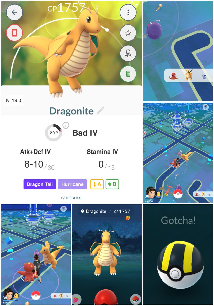 bike_frog's tweet photo. First wild dragonite 🐉🐲thanks to the local chat group!  Looks at those IVs! LOL! #pokemongo #CatchOfTheDay #badivs https://t.co/qSUMgef6vY