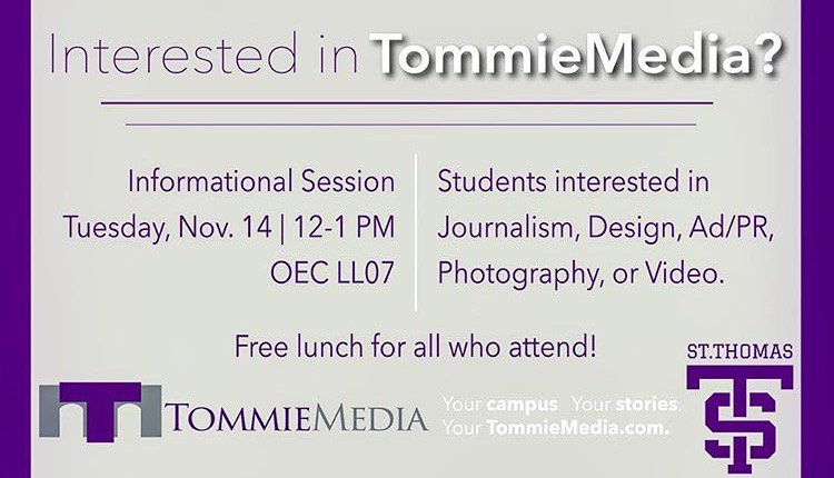 TheCrestNews's tweet photo. Interested in joining TommieMedia next semester? Come to our information session in OEC LL07 Tuesday during convo hour. Lunch is provided! https://t.co/eBU9yYGHWW