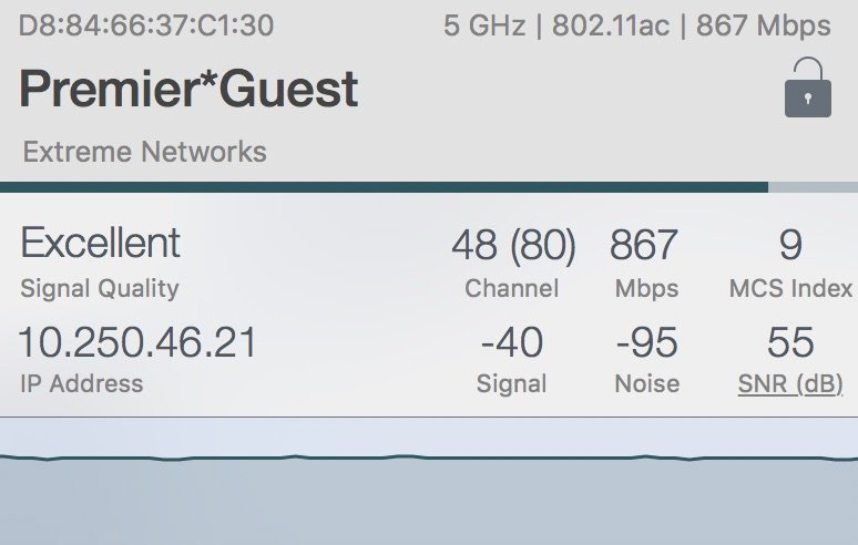 KeithRParsons's tweet photo. I can see past the 1, 5, 9, 13… but 40MHz in 2.4GHz?

Perfect example of how Wi-Fi is NOT the issue at this hotel!

Wi-Fi connection:
- MCS 9
- 2 SS
- 867Mbps
- 55 SNR

Internet Connection:
- 350Kbps https://t.co/R46pxtYDLH