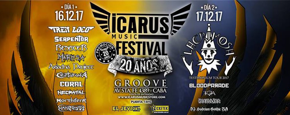 Rocktuver's tweet photo. Increíble el festival que prepara #IcarusMusic para festejar sus 20 Años. Día 1 con #TrenLoco, #Serpentor, #Renacer, #MatanSA y lo mejor del metal argentino. Y el Día 2 con los eternos #Lacrimosa, secundados por los locales #Bloodparade, #Inazulina, #Eva y más! IM-PER-DI-BLE. https://t.co/ZU0boqpm8z
