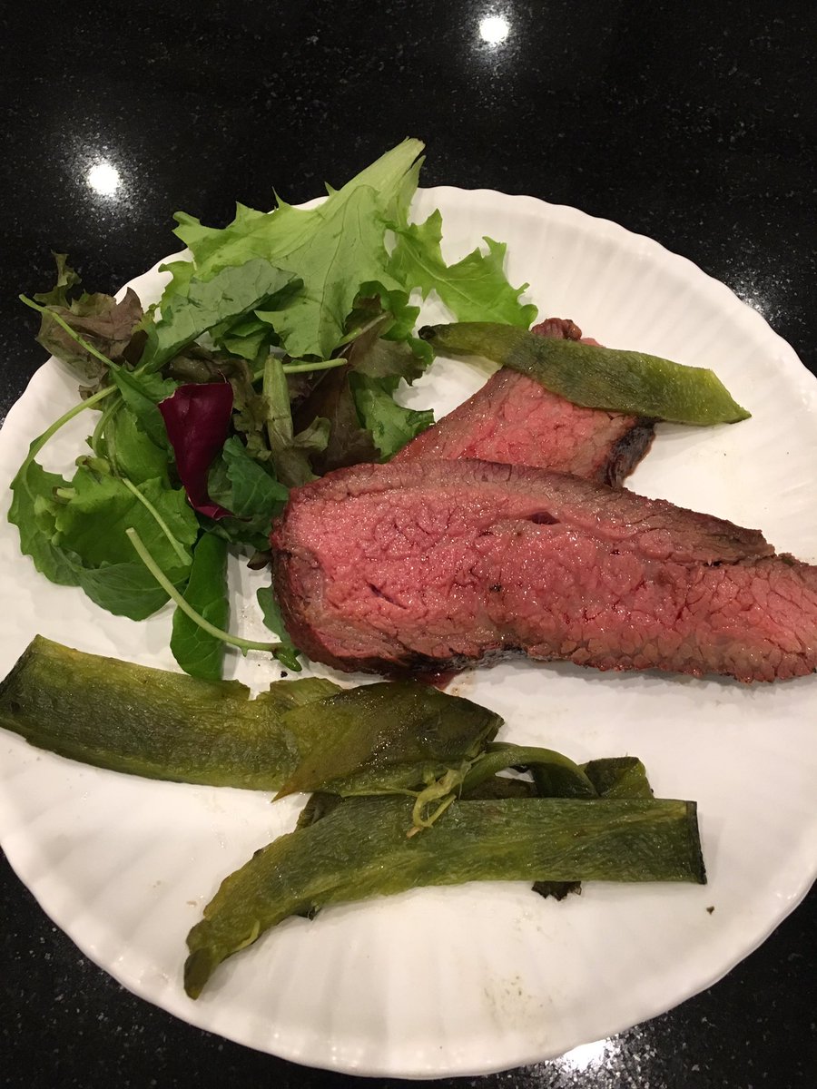 GrillFather99's tweet photo. Live Update - Operation SmokeOut Results: Succulent sirloin roast reverse seared, poblano chiles and a side salad.  Featuring Suspicious Spice! https://t.co/N4QPGqHgDs
