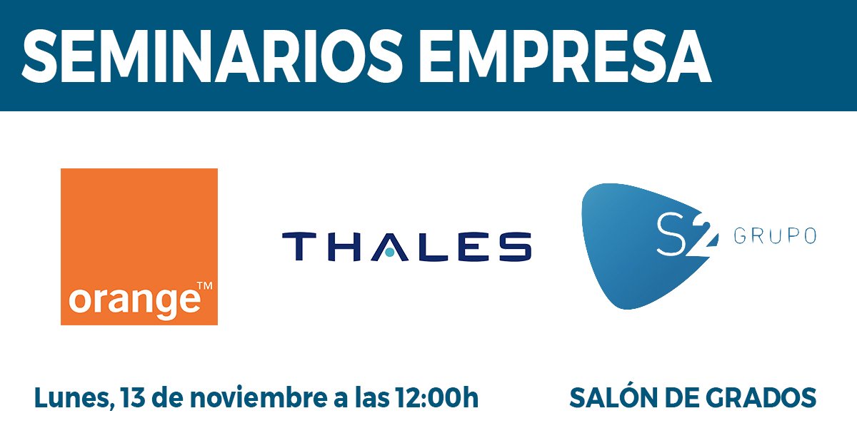TelecoUPV's tweet photo. ¿Te imaginas trabajando en @ThalesAlenia @Orange o @S2Grupo ? 🤔
Ven hoy a las 12:00h al SALÓN DE GRADOS de #TelecomVLC Edificio 4D
https://t.co/tVciFmpJFB https://t.co/lbSVW1qs0l