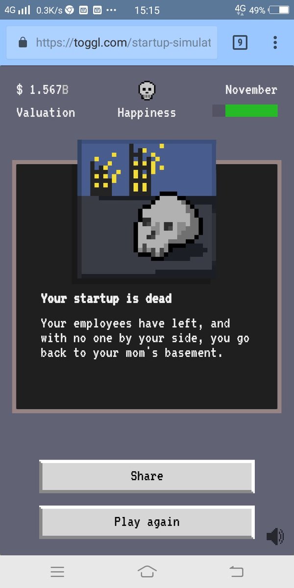 pitra's tweet image. Your employees have left, and with no one by your side, you go back to your mom&apos;s basement. #StartupSimulator @toggl toggl.com/startup-simula…

Kali ini bisa dapet 1.5 billion