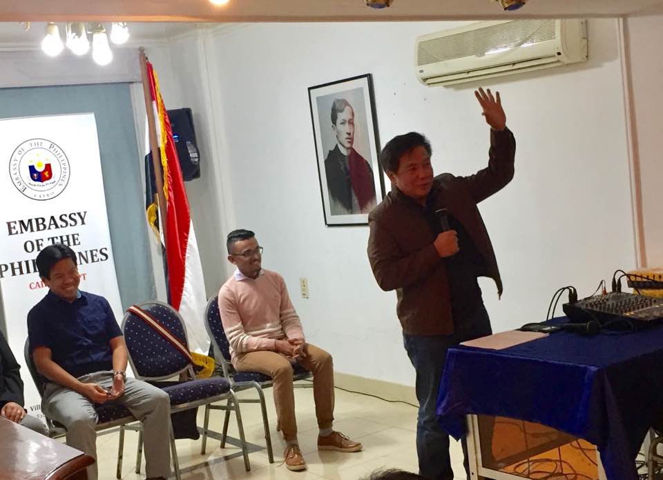 RMBatocabe's tweet photo. At the Philippine Embassy in Cairo, Egypt - meeting with the Filipino community leaders to talk about their concerns, such as financial management, benefits, human trafficking, and undocumented workers. Experienced Filipino hospitality under Ambassador Leslie Baja. https://t.co/NSskd04pzj