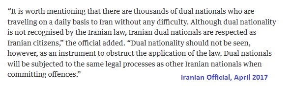 8) Iran is deeply suspicious of & refuse to recognise dual nationals, so denies them access to consular assistance.This limits the input of the UK in her case.The British Ambassador has visited her though & she is said to be receiving some consular assistance.