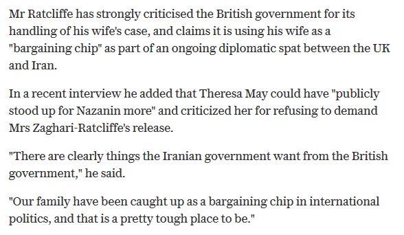 9) Mr Ratcliffe has been quite critical of the UK govt since his wifes arrest, though he does seem to understand that Iran often use such cases to seek demands from other nations.