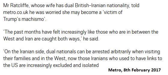14) Mr Ratcliffe, in one of his many claims, blamed Trumps 'travel ban'.He said his wife may be an unintended victim of this ban.