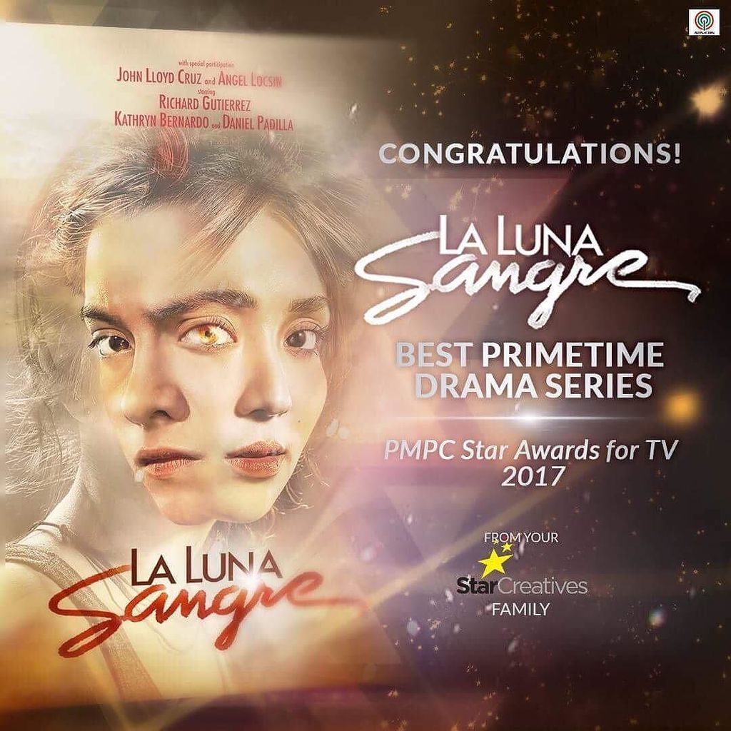 StarCreativesTV's tweet photo. Congratulations! #LaLunaSangre won Best Primetime Drama Series at the #PMPCStarAwardsforTV2017! https://t.co/NCFmrL8iUn